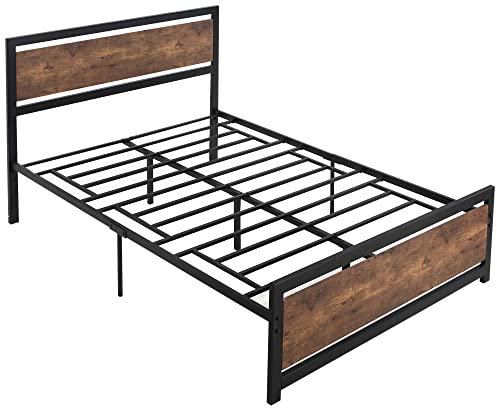 HOMCOM Cadre de lit Double en Acier avec sommier et tête de lit Compatible Matelas 190 x 140 cm Aspect Bois foncé