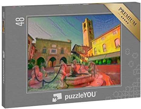 puzzleYOU: Puzzle 48 Teile „im Kunst-Stil von Franz Marc - Piazza Vecchia in der Altstadt von Bergamo“