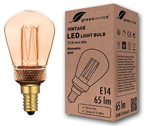 greenandco dimmbare Vintage Design LED Birne zur Stimmungsbeleuchtung | E14 ST45 | gold | 2,3W 65lm | 1800K extra warmweiß | 320° | 230V | flimmerfrei | Edison Glühbirne