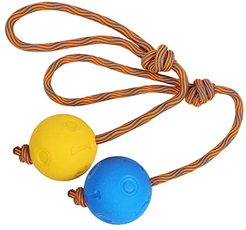 Weeyuu Rope Dog Toy, 2 Pack Ball on a Rope Dog Toys Durable Elastic Solid Rubber Balls for Fetch, Catch, Throw and Tug of War (6 cm, Blue + Yellow)