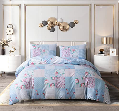 BBest Linen Duvet Cover Set Single 3 Piece Polyester Cotton Quilt Cover With Pillow Case and Matching Fitted Sheet All in One Anti Allergic, Floral Blue (DuvetCover001)