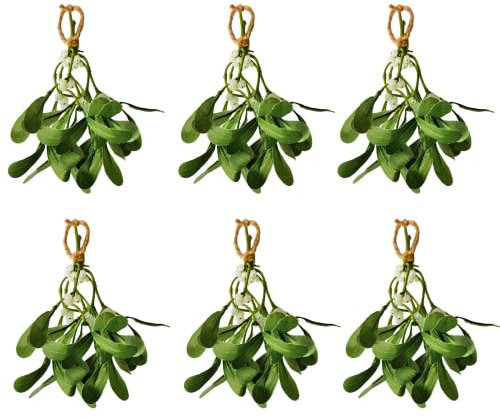 Teahutty Künstliche Mistelzweig-Ornamente zum Aufhängen, Mistelzweig mit weißen Beeren, künstliche Mistelzweig-Girlanden, Ornament, 6 Stück