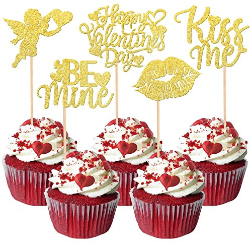 Xsstarmi 30 Pack Happy Valentine's Day Cupcake Toppers Glitter Cupid Kiss Me Love Heart Lip Cupcake Picks Be Mine Cake Decorations for Valentine's Day Theme Bridal Shower Party Supplies Gold
