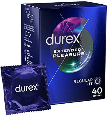 Durex Extended Pleasure, 40 Condoms, Regular Fit, With Performa Silicone Lube, Helps Sex Last Longer, Easy on Shape, Teat Ended, Natural Latex, Pre Lubricated