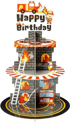 Haooryx Feuerwehrmann-Party-Dekoration, Cupcake-Ständer, 3 Etagen, Feuerwehrwagen, Cupcake-Turm, Karton, Happy Birthday, Dessert-Halter, Gebäckplatte für Kinder, Erwachsene, De, Dekoration