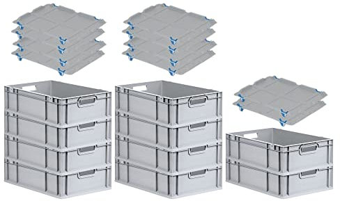 PROREGAL SparSet 10x Eurobox NextGen Grip mit Auflagedeckel & 4 blauen Schiebeschnappverschlüssen, HxBxT 17x40x60cm, 34 L, Grau, Griffe offen, Eurobehälter, Transportbox