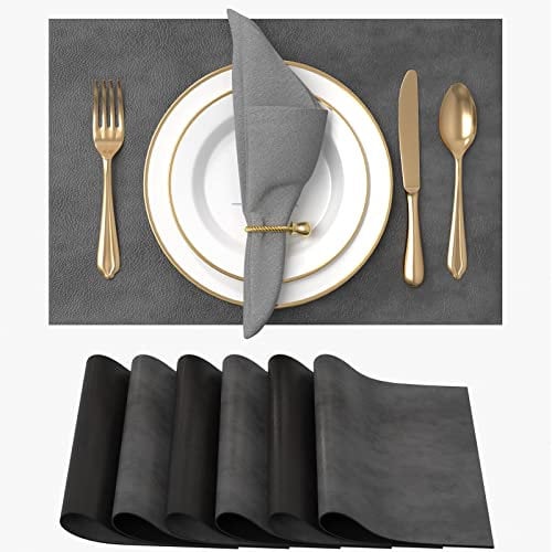 Vitare Platzsets Abwaschbar,Tischsets Abwaschbar 6er Set,Zweifarbig Tischset Kunstleder,Platzdeckchen Abwaschbar Hitzebeständig und rutschfest,45×30cm-Schwarz & Dunkelgrau