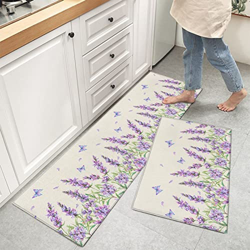 Küchenläufer, Lavendel, Blume, Schmetterling, Aquarell, Vintage, Sommer, Bauernhof, Blumenmuster, rutschfeste Läufer, Teppich, Fußmatte für Wäsche, Nachttisch, Badezimmer, Schlafzimmer, 2er-Set