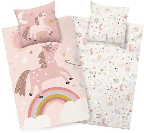 Aminata kids Bettwäsche Einhorn 135x200 Mädchen Mikrofaser beige Regenbogen Kinder-Wende-Bettwäsche-Set YKK Reißverschluss - Bügelfrei - Tier-Motiv Pferde-Bettwäsche-Motiv Unicorn