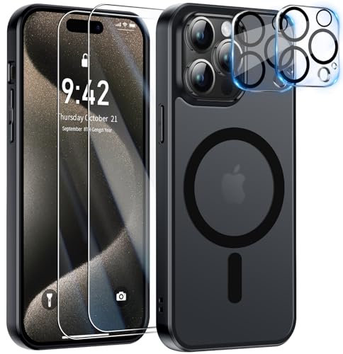 YisrLery iPhone 15 Pro Hülle für MagSafe mit 2 Stück Panzerfolie + 2 Stück Kameraschutz Militärnorm Schutz, PC Kratzresistente Rückseite Stoßfest TPU Bumper Magnetische Hülle - Schwarz
