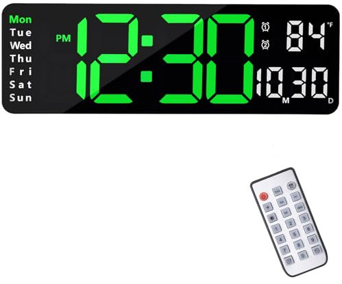 13 Zoll/16 Zoll Digitale Wanduhr,LED Wanduhr Groß Display, Digital Uhr mit Fernbedienung,Wandwecker,Timing und Countdown mit Datum/Woche/Temperatur für Schlafzimmer,Wohnzimmer (Grün, 13 INCH)