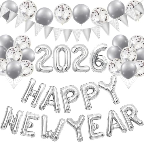 Happy New Year Deko 2026,Silvester Deko 2026,Deko Silvester Party Silber 2026,Happy New Year Folienballon Banner,Silber Konfetti Luftballons für Silvesterpartydeko Neujahrsdeko Accessoire