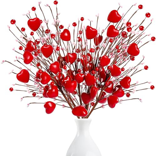 Sggvecsy Valentinstagsgeschenke 6 Stück herzförmige Beerenspieße künstliche rote Beerenzweige Blumen Stängel Zweige mit rot-rosa Herz für Valentinstag Jahrestag Blumensträuße Zuhause Hochzeit Dekor