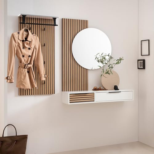 Lomadox Garderoben-Set 3-teilig mit Garderobenpaneel, Spiegel & Konsolentisch | Flurgarderobe in weiß mit Akustikpaneel-Optik
