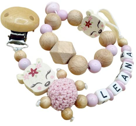 2er Set personalisierte Kette mit Namen Wunschnamen Holz Name | Handmade Babygeschenk zur Geburt für neugeborene (Reh Rosa Set)