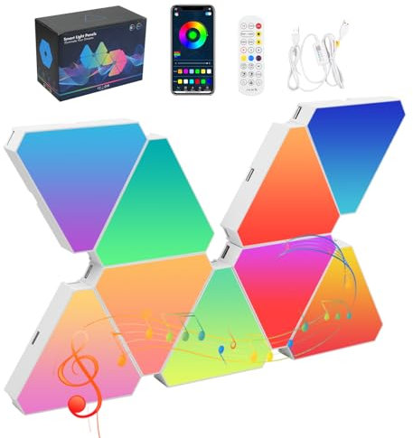 Focenat 9 Piezas Triángulo LED Pared Luces, RGB Gaming Panel, Sincronización de Música, Gamer Habitacion Pared Decoracion Lampara, Luces LED Pared RGB Neon Pared Inteligentes Luz Nocturna