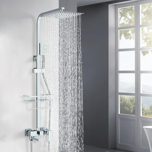 Hevenaov Columna Ducha con Grifo Columna Ducha Altura Regulable 73-117cm, Columna de Ducha con Ducha Lluvia 30x30cm, Ducha de lluvia de 3 funciones Cromo