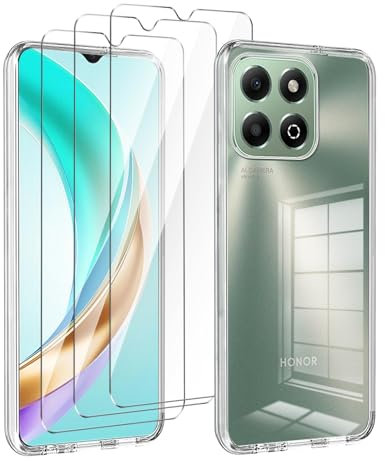 LYZXMY case for Honor X6b (6.56) transparent mobile phone case + 3 pieces tempered glass protective film, case soft silicone TPU protective cover