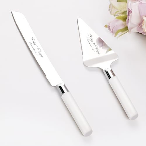 Juego de Cuchillo y Servidor para Pastel de Boda, Conjunto de Corte de Pastel de Acero Inoxidable, Oro Plata Cortador de Pastel Servidor de Pasteles para Navidad, Cumpleaños, Fiesta (Blanco Plateado)