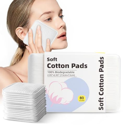 Große quadratische Wattepads, 80 Stück, fusselfrei, ultraweich, abgerundete Ecken, mehrlagig, für Make-up-Entfernung, Toner, Gesichtsreinigung, verpackt
