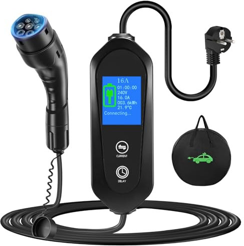 Yigowyigo 6 Mètres Chargeur Voiture Electrique 16A, 3.68kW EV Chargeur Type 2 avec Ecran, 6/8/10/13/16A Courant Commutable, 0-12H Programme, IEC 62196-2, Cable Recharge Véhicule Electrique avec Sac