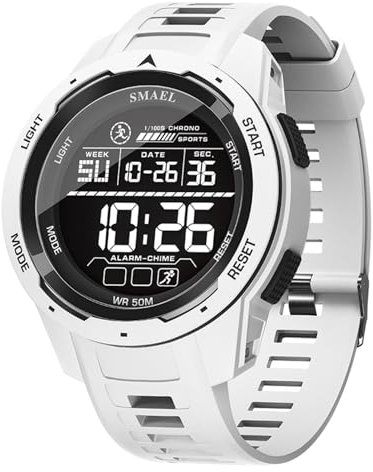 Reloj deportivo digital para hombre, resistente al agua, cara grande, militar, con retroiluminación, alarma, cronómetro, calendario a prueba de golpes, regalo para hombres, blanco, Correa