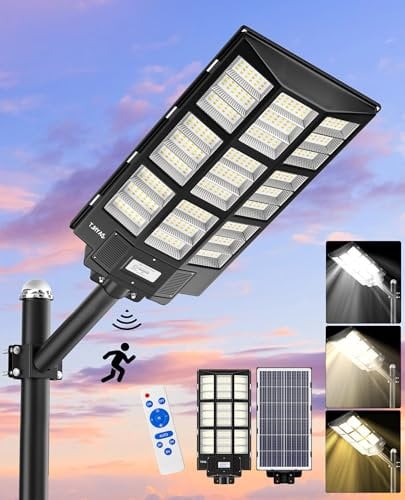 JAYNLT Y-7200W Lampadaire Solaire Exterieur, 3000K/4000K/6500K Lumiere Solaire Exterieur Detecteur de Mouvement, IP67 Étanche Projecteur Solaire Exterieur pour Sentier, Éclairage public, Garage, Cour