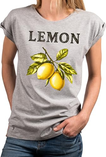 MAKAYA Damenshirt mit Zitronen Motiv Kurzarm Top Frauen Oberteil mit Zitronenprint Damen Shirt
