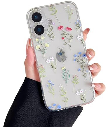 RALEAVO Compatible with iPhone 16 Case, Cute Clear Floral Case for Girls Women, Soft Silicone Shockproof Protective Bumper Case with Flowers Patterns Phone Case for iPhone 16 - White