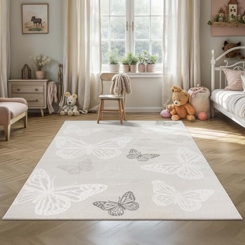Taracarpet Kindezimmer und Jugendzimmer Kurzflor Teppich in Pastell Farben Kinderteppich auch für Babyzimmer geeignet Pastell bunt Schmetterling 80x150 cm