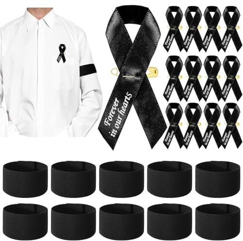 joonnair 20 Schwarze Satinbroschen und 10 Elastische Trauerarmbinden Trauerflor Trauerbinden und Armbinden für Beerdigung Trauerschleifen und Traueraccessoires Forever in Our Hearts-A