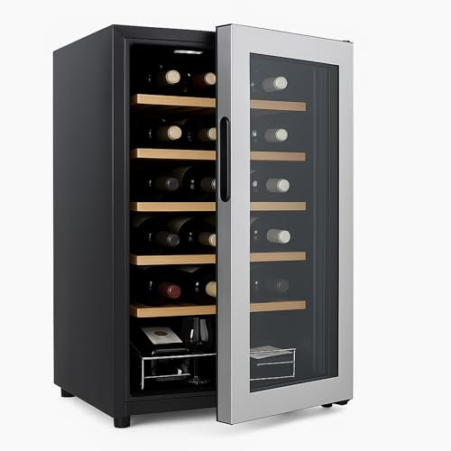 Générique Cave à Vin de Service Inox Premium – 25 ou 32 Bouteilles – Étagères en Bois, Température Réglable 6-14°C – Design Élégant pour Usage Domestique ou Professionnel (25 Bouteilles)