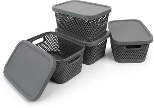 Spesh 4 Pcs Storage Boxes with Lids 3.5L Small Storage Baskets Stackable Plastic Storage Boxes for Home Office Cupboard(Grey, 24 * 17 * 12cm)