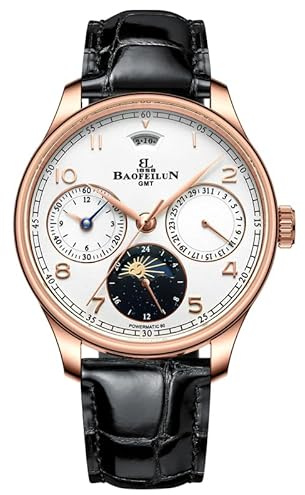 BAOFEILUN Uhren Herren Automatik mit GMT, Zeigerdatum, Saphirglas, Moonphase & 24h Anzeige - Edles Lederarmband für Business & Freizeit, Geschenk für Männer