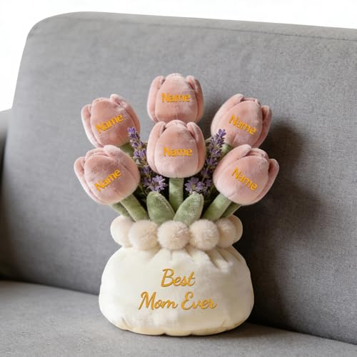 XIAO.Z Personalisierte glückliche Muttertag Tulpen Blumenstrauß Kissen für Mutter Frauen, benutzerdefinierte Name Muttertag Mutter Mama Oma Tulpen Blumen Blumen werfen Kissenhülle Geschenk