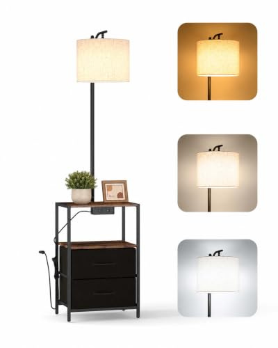 Amveya Vintage Stehlampe mit Regal Schwarz, LED Stehlampe Wohnzimmer mit Ablage & 2 Stoffschubladen, Standlampe mit Lampenschirm, Regal Wohnzimmer, Lampe Schlafzimmer, Nachttischlampe mit Ladefunktion