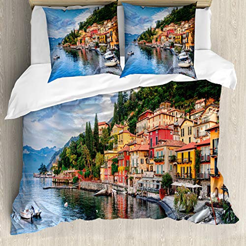ABAKUHAUS Italien Bettwäsche Set für Doppelbetten, Italienische Häuser Foto, Weicher Microfaserstoff Allegigeignet kein Verblassen, Mehrfarbig