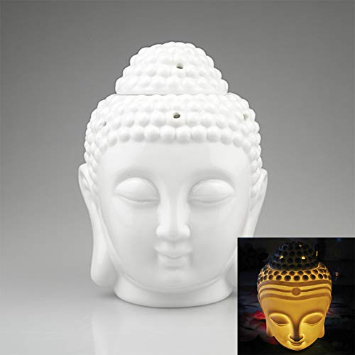 EVERGD Keramik-Buddha-Kopf-Statue, hohl, Aromatherapie-Ofen, Ölbrenner für Yoga oder Meditationsraum, 15 x 9 cm, Weiß