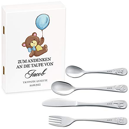 Maverton Kinderbesteck Set mit Gravur + Holzbox mit Aufdruck - mit Tieren - aus Edelstahl - Weiß - Geschenk für Jungen zum Geburtstag zur Taufe Geburt - Teddybär
