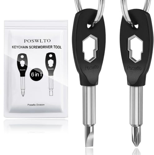 Poswlto Keychain Screwdriver Tool 2 Pack, 6-in-1 Screwdriver Set, Flathead and Phillips Bit, Hex Socket Wrench, Christmas Stocking Stuffers, Cool Gifts for Men, Father, Husband, Employee
