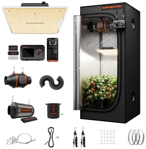 Spider Farmer 2x2ft Grow Tent Kit with GGS Controller Automatic Grow System | SF1000D Dimmable Full Spectrum 100W Grow Light, 24X24X55 Reflective Indoor Tent, 4 Ventilation Carbon Filter System Set