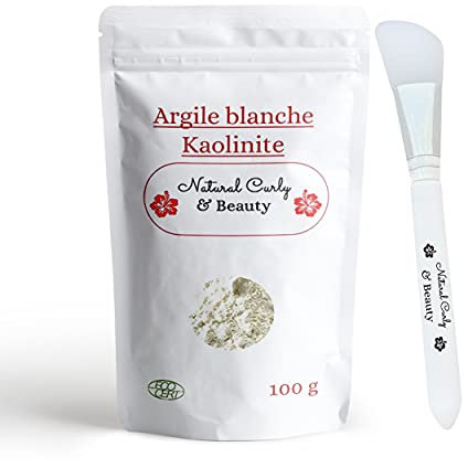 Argile blanche kaolin avec pinceau applicateur de masque en SILICONE -VISAGE, CORPS et CHEVEUX- Certifiée Eco-Cert -Reminéralise et favorise l'élimination des toxines