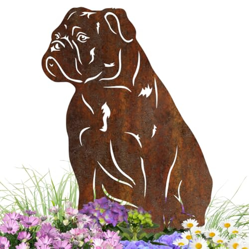 Terma Stahldesign Edelrost Gartenstecker Hund American Bulldog Metall Figur Handmade Germany wetterfest Gartendeko Rostdeko Tierfigur Rostfigur Geschenk