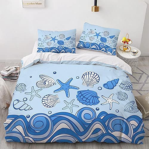 WQIZXCW Bettwäsche 135x200 Blaues Meer & Muscheln Bettbezug Set 120gsm Mikrofaser 2 Teilig - Weich Bettbezüge und Kissenbezug mit Reißverschluss