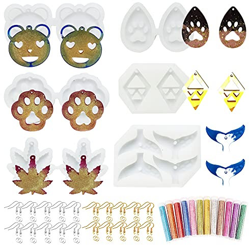 Woohome 70 Stück Ohrring Schmuck Silikonform Set, 8 Stück Ohrringe Gießform Resin Form mit Ohrhaken, Sprungringen und Pailletten für Harzschmuck, Anhänger, Harz Handwerk Heimwerken