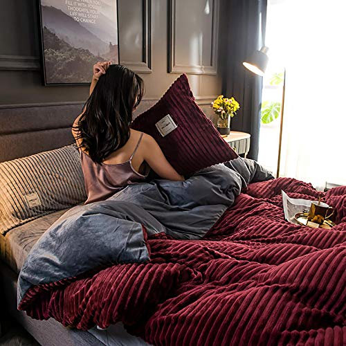 Grueso Suave Reversible Funda Nórdica Con Cremallera,Caliente Esponjoso Juego De Funda Nórdica Invierno Juego De Ropa De Cama Gemelo Com,Color Sólido Felpa Franela Funda De Edredón-Vino Tinto 150x200c