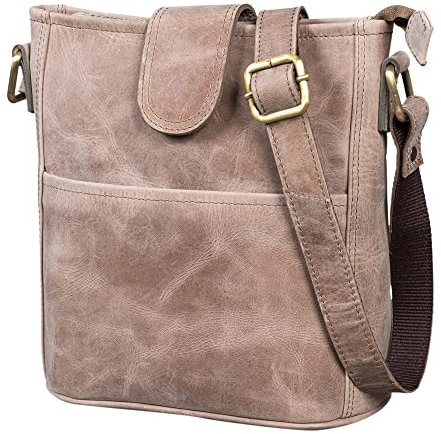 LEABAGS Leder Handtasche Damen I Premium Echtleder Umhängetasche I Damen Schultertasche I Damentasche I Tragetasche für Arbeit Uni Schule Freizeit I Größe M (24 x 23 x 6 cm) I Vintage Graubraun