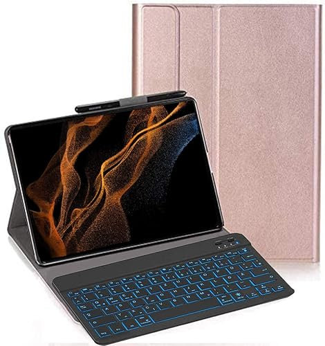 YHFZR Tastatur Hülle für Samsung Galaxy Tab S8 Ultra, [Deutsches QWERTZ] Slim Hülle mit 7 Farben Beleuchtung Kabellose Tastatur mit Schützhülle für Samsung Tab S8 Ultra 14,6'' X900/X906, Roségold