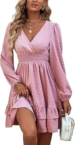 MAFA Femmes Robe Tunique Mini Robe Col en V Automne Hiver Longueur au Genou Casual Retro Respirant Rose S