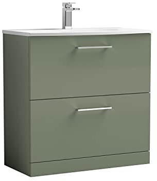 nuie ARN835G Arno Modern Bathroom Floor Standing 2 Drawer Vanity Unit with Curved Ceramic Basin, 800mm, Satin Green